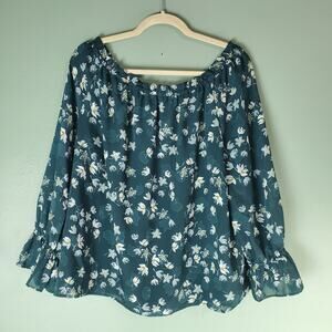 Ann Taylor Loft Womens Green Floral Off The Shoulder Float Blouse Top Size Large